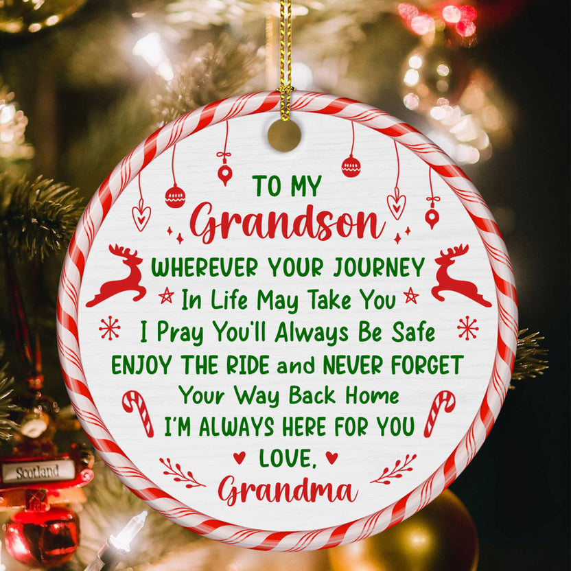 Grandsons Gifts, Wherever Your Journey In Life Christmas Theme Candy Cane Circle Ceramic Ornament, Gifts For Boys From Nana