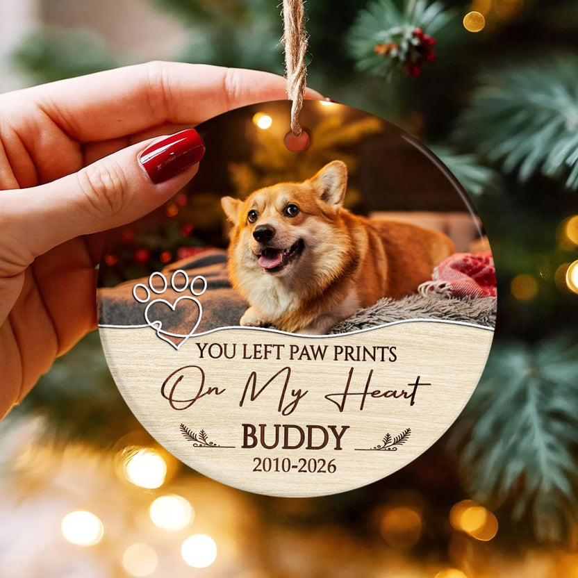 You Left Paw Prints On My Heart Vintage Heart With Pawprint, Dog Memorial Ornament, Custom Pet Loss Remembrance Keepsake, Sympathy Holiday Decor, Gifts For Loss Of Dog, Tree Decor