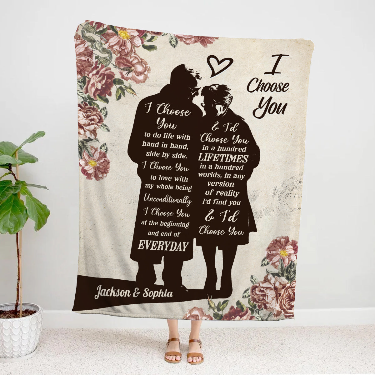 Old Couple Silhouette Vintage I'd Find You & I'd Choose You Floral Printed, Personalized Blanket, Gifts For Him Her