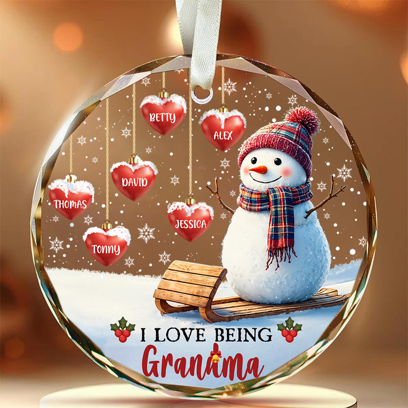 I Love Being Grandma Hearts With Names Snowflakes Grandma Grandpa Grandkids Circle Glass Ornament, Personalized Christmas Ornament, Gifts For Nana From Grandkids, Xmas Tree Decor
