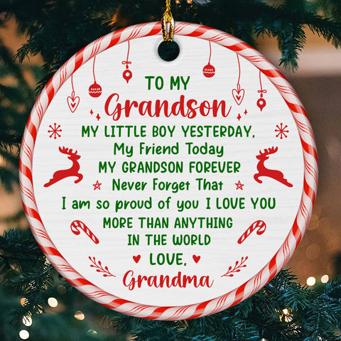 Grandsons Gifts, My Little Boy Yesterday Christmas Theme Candy Cane Circle Ceramic Ornament, Personalized Christmas Ornament, Gifts For Boys From Nana, Xmas Tree Decor