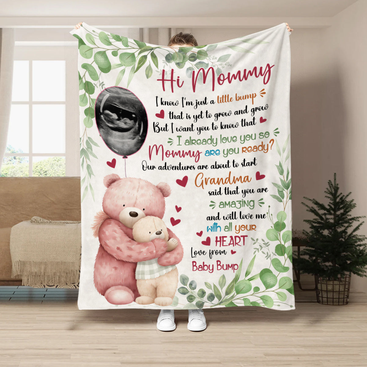 New Mom Gifts Ideas, I Already Love You Leaf Mommy Baby Bear With Balloon, Personalized Blanket, Gifts For Pregnant Wife Mommy, Fleece Sherpa, New Mom Blanket For Mother's Day