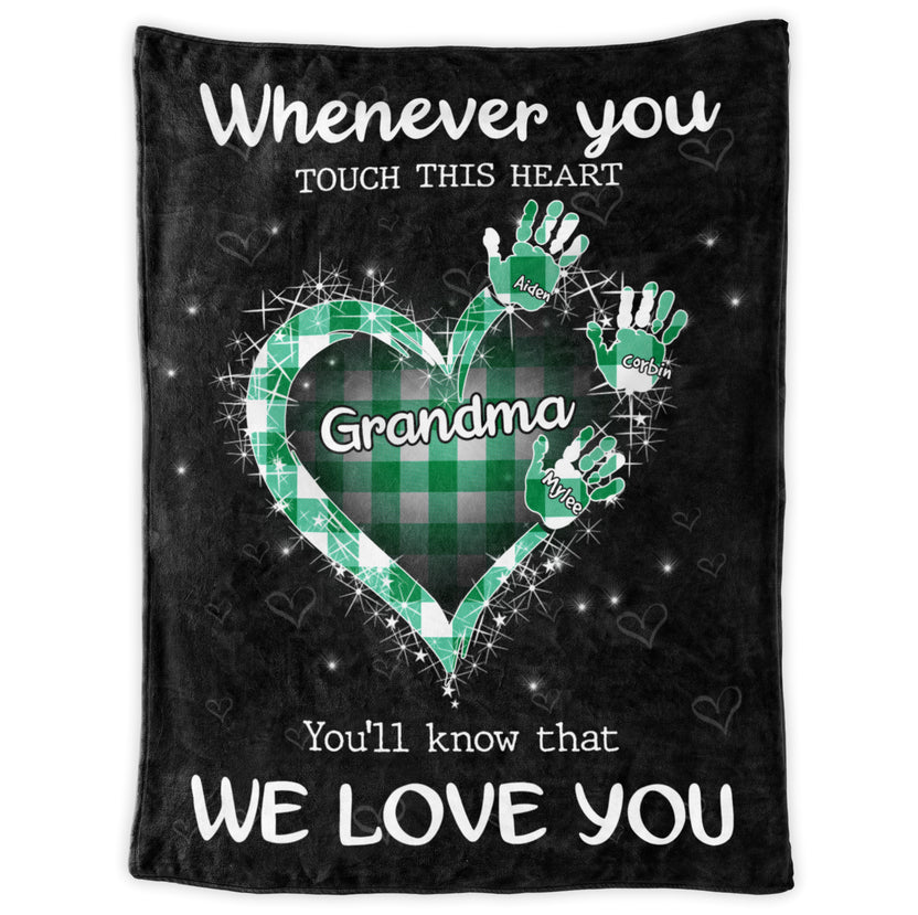 Funny Gifts For Grandma, Whenever You Touch This Heart Handprints Teal Plaid, Personalized Blanket, Gifts For Glamma Blanket
