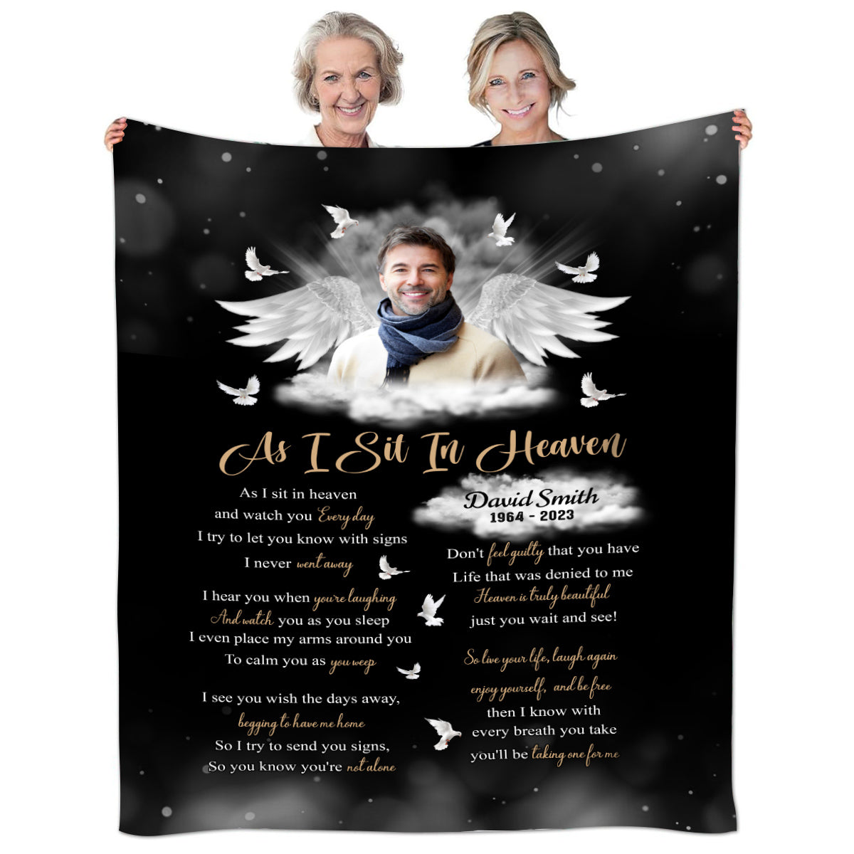 Sympathy Gifts, Memorial Blanket With Photo, Personalized Memorial Blanket, Heavenlies Angel Portrait Artwork, Remembrance Verse With Clouds And Doves, Spiritual Comfort Message