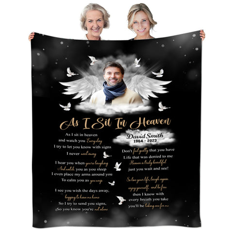 Sympathy Gifts, Memorial Blanket With Photo, Personalized Memorial Blanket, Heavenlies Angel Portrait Artwork, Remembrance Verse With Clouds And Doves, Spiritual Comfort Message