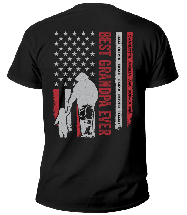 Personalized Shirt For Poppy From Grandchildren Custom Name Grandpa Ever Flag Back Side Printed T-Shirt Grandpa Gifts Shirts For Men Family On Christmas Xmas Hoodie Long Sleeve