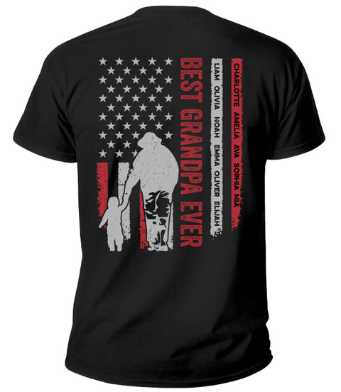 Personalized Shirt For Poppy From Grandchildren Custom Name Grandpa Ever Flag Back Side Printed T-Shirt Grandpa Gifts Shirts For Men Family On Christmas Xmas Hoodie Long Sleeve