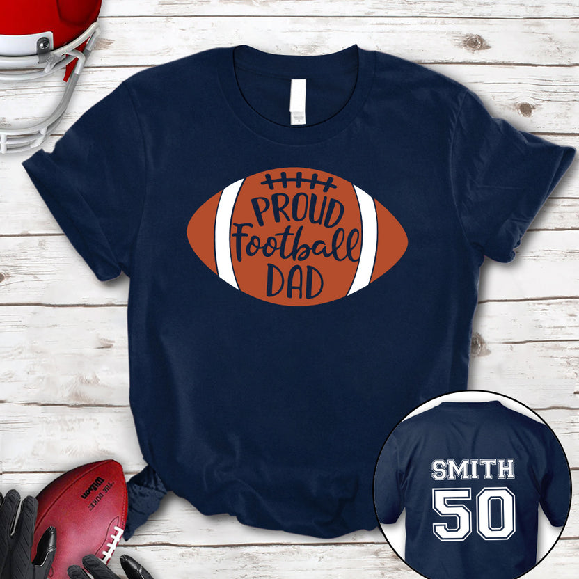 Personalized T-Shirt For Mom Dad From Son Boy Kids Football Gifts Ideas Proud Football Dad Cheer Football Family Member Custom Title And Number Short Sleeve Tops Tee Shirt For Birthday