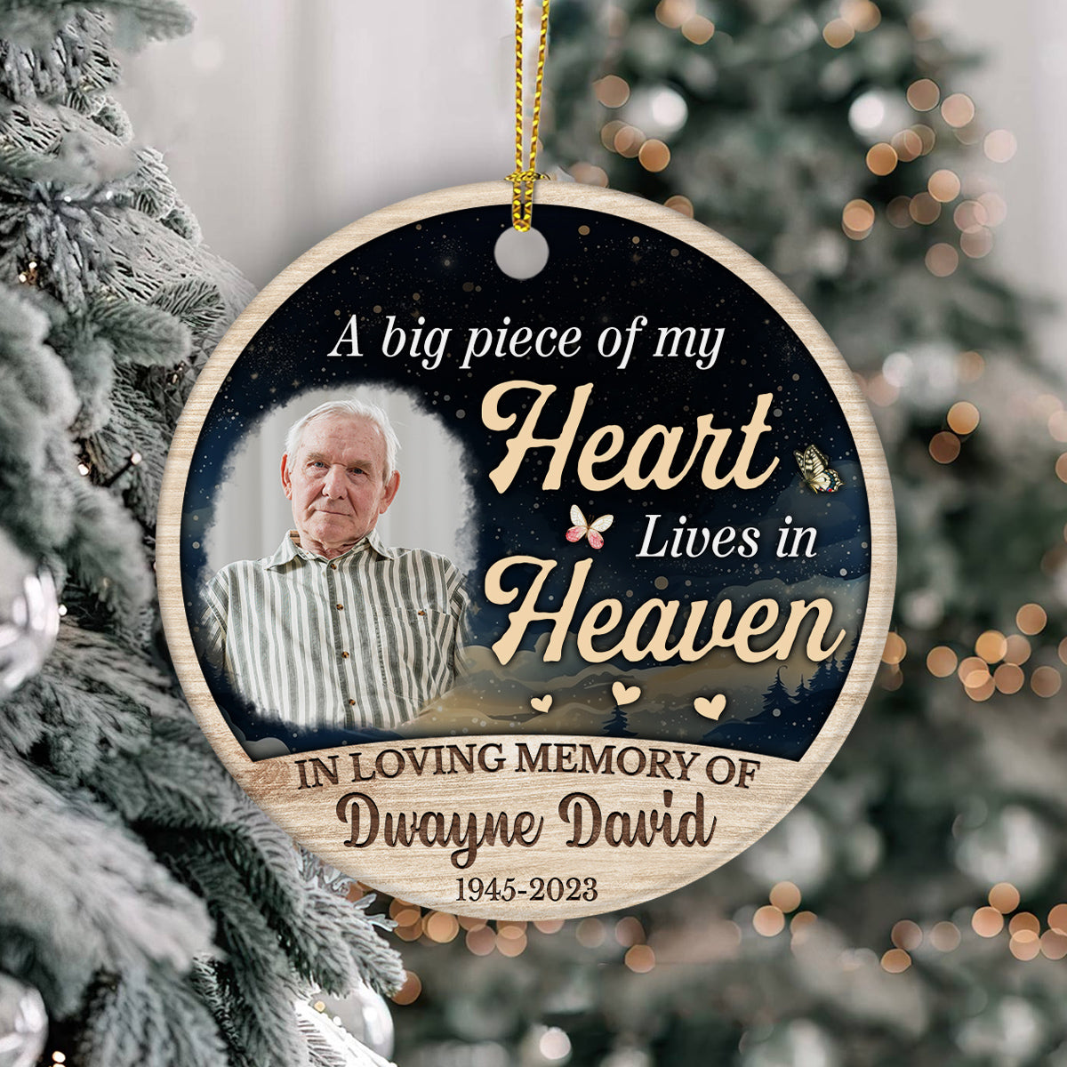Sympathy Gifts, Personalized Photo Memorial Ornament, Big Piece Of Heart Lives In Heaven Butterflies Hearts Wooden Background, Gifts For Loss Of Mom Dad, Xmas Tree Decoration, Funeral