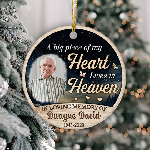 Sympathy Gifts, Personalized Photo Memorial Ornament, Big Piece Of Heart Lives In Heaven Butterflies Hearts Wooden Background, Gifts For Loss Of Mom Dad, Xmas Tree Decoration, Funeral