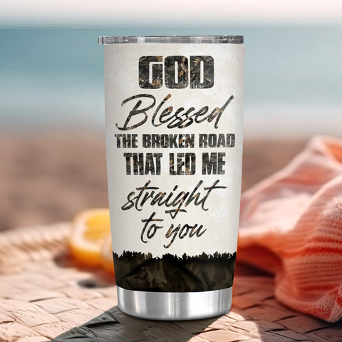 God Blessed Broken Road That Led Me Straight To U, Hunting Partner For Life Buck And Doe Camo Pattern, Personalized Tumbler, Gifts For Him Her Honey, Custom 20oz With Lid Travel Cup