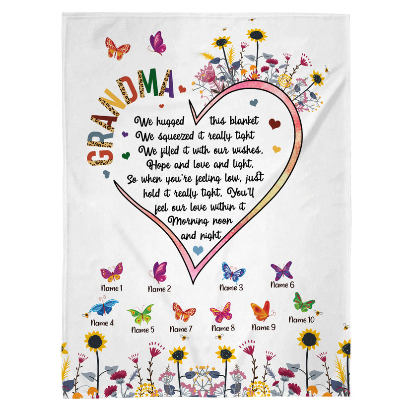 Grandmother Blanket, Grandma Letter Title Style, Heart Poem Layout, Butterflies Flowers Theme, Custom Names, Heart Shape Poem Message, Personalized Blanket, Gifts For Nana From Grandkid