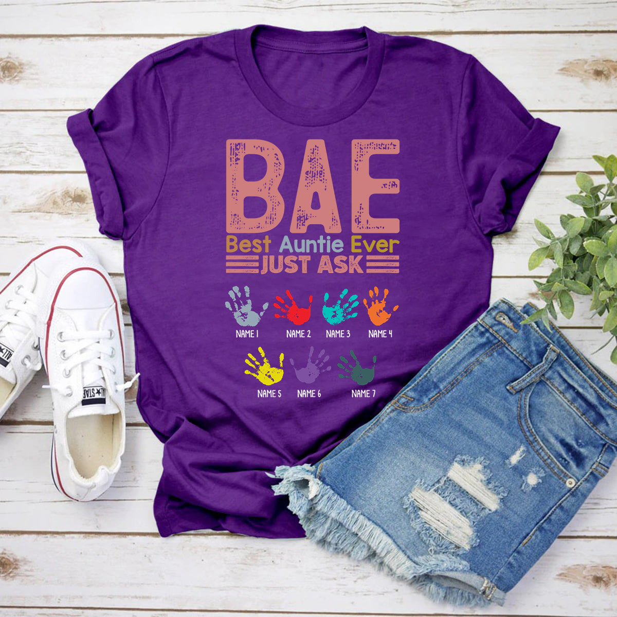 Personalized Shirt For Aunt Auntie Bae Titi Godmother From Niece Nephew Godchild Bae Auntie Ever Vintage Colorful Handprintscustom Name Gifts For Auntie B.a Short Sleeve Tops Tee Shirt
