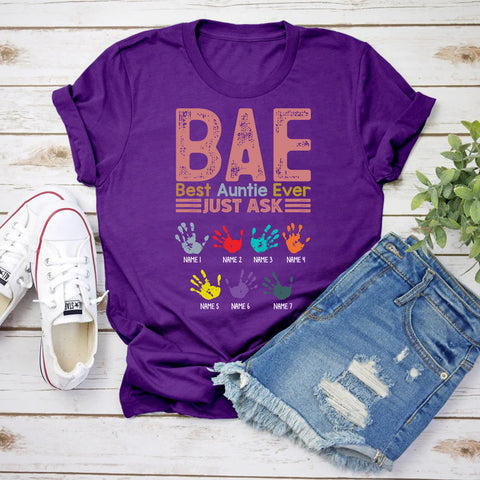 Personalized Shirt For Aunt Auntie Bae Titi Godmother From Niece Nephew Godchild Bae Auntie Ever Vintage Colorful Handprintscustom Name Gifts For Auntie B.a Short Sleeve Tops Tee Shirt