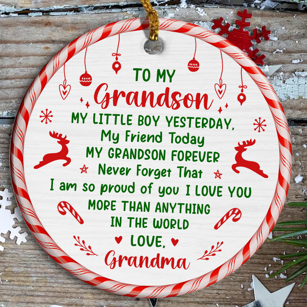 Grandsons Gifts, My Little Boy Yesterday Christmas Theme Candy Cane Circle Ceramic Ornament, Personalized Christmas Ornament, Gifts For Boys From Nana, Xmas Tree Decor