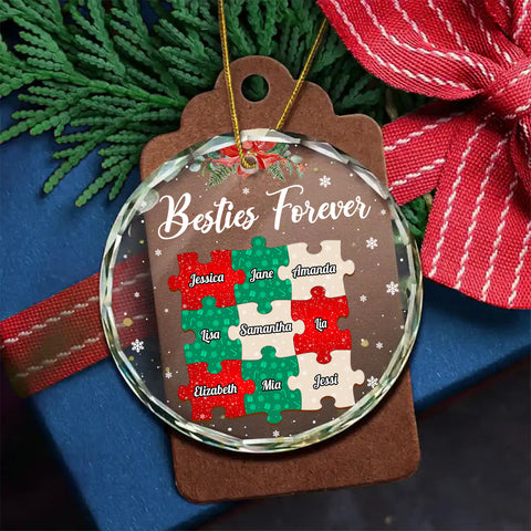 Personalized Besties Forever Glass Ornament, Custom Puzzle Piece Friends Ornament, Best Friend Christmas Gift, Name Glass Keepsake