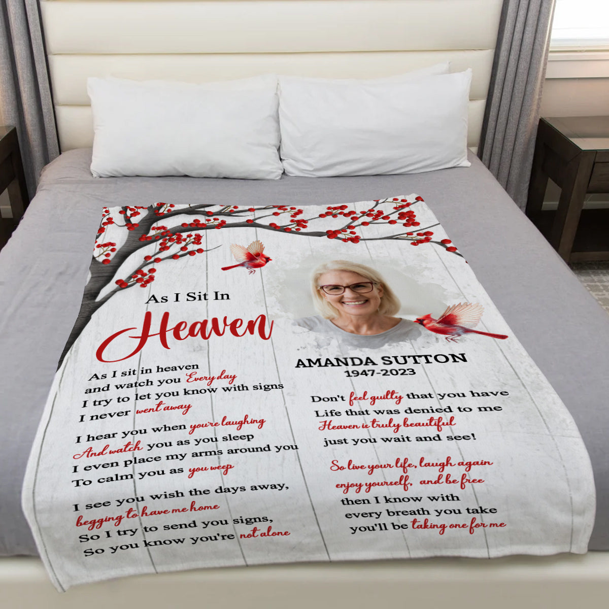 Sympathy Gifts, Memorial Blanket With Photo, Sympathy Memorial, Heaven Watching Over Family Verse, Heaven Message With Red Birds, Loss Of Mom Dad Blanket, Fleece Sherpa, Funeral Gifts