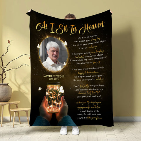 Sympathy Gifts, Personalized Memorial Blanket With Photo, Remembrance Blanket, Memorial Message From Above, Heaven Remembrance, Glowing Jar With Butterflies, Portrait Tribute Style