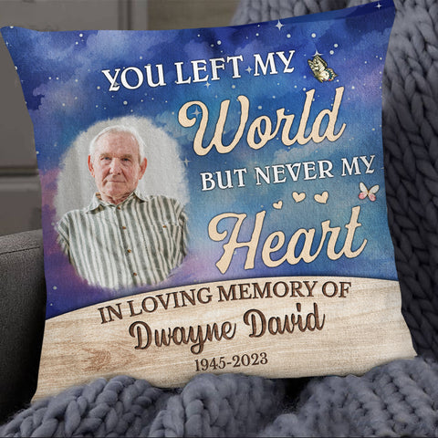 Sympathy Gifts, Memorial Square Pillow, You Left World But Never My Heart Watercolor Wooden Background, Gifts For Loss Of Mom