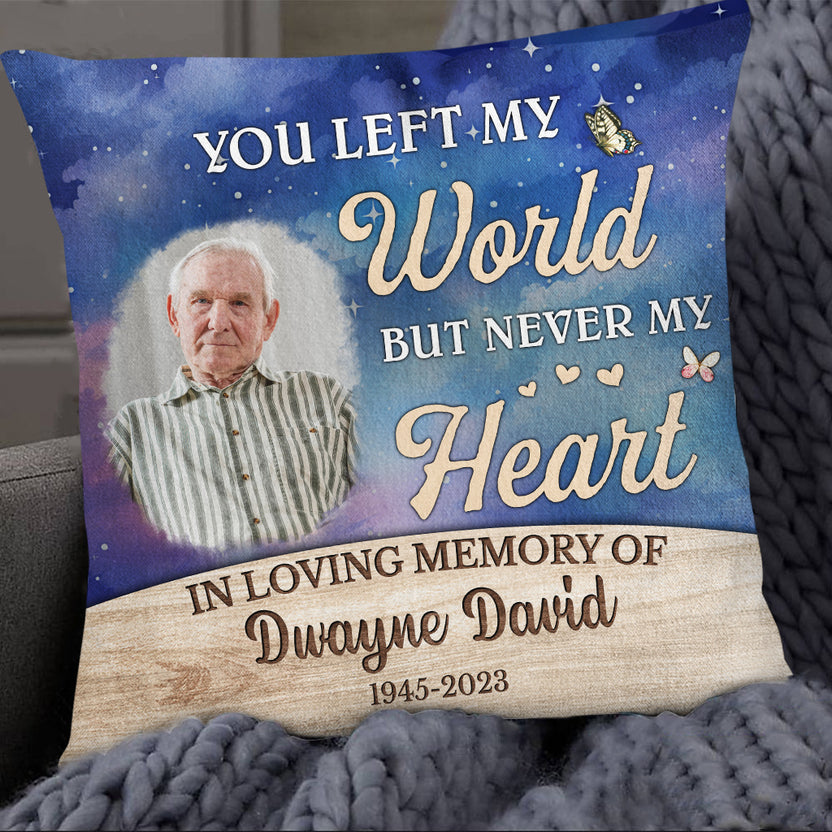 Sympathy Gifts, Memorial Square Pillow, You Left World But Never My Heart Watercolor Wooden Background, Gifts For Loss Of Mom