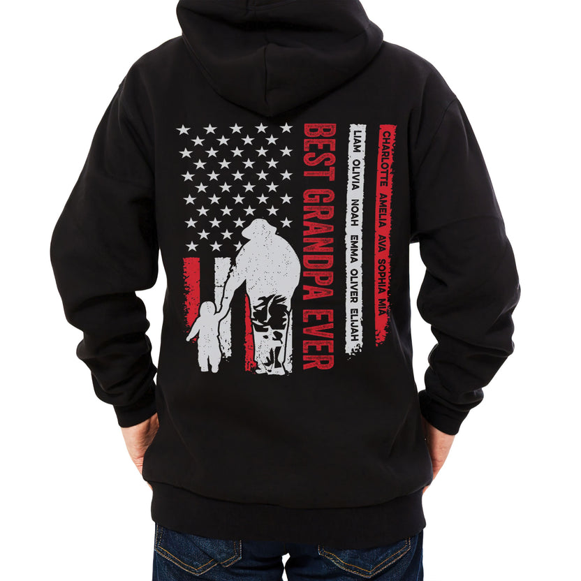 Personalized Shirt For Poppy From Grandchildren Custom Name Grandpa Ever Flag Back Side Printed T-Shirt Grandpa Gifts Shirts For Men Family On Christmas Xmas Hoodie Long Sleeve