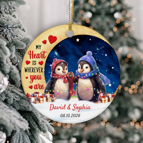 My Heart Is Wherever Cute Penguin Couple Crescents Moon, Romantic Penguin Couple Ornament Keepsake, Holiday Tree Decoration, Gifts For Him Honey Married Couples Him Her Wife Husband