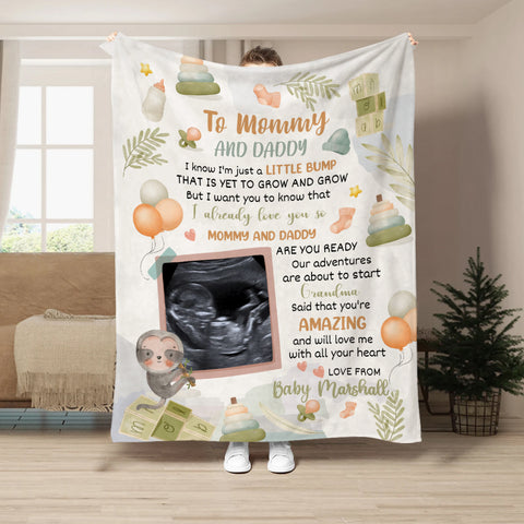 Cute Sloth Hi Mommy And Daddy Blanket Custom Ultrasound Picture For Mom To Be New Dad From Baby Bump Gifts For New Mommy, Fleece Sherpa Blanket Pregnancy Gifts Ideas Mothers Day