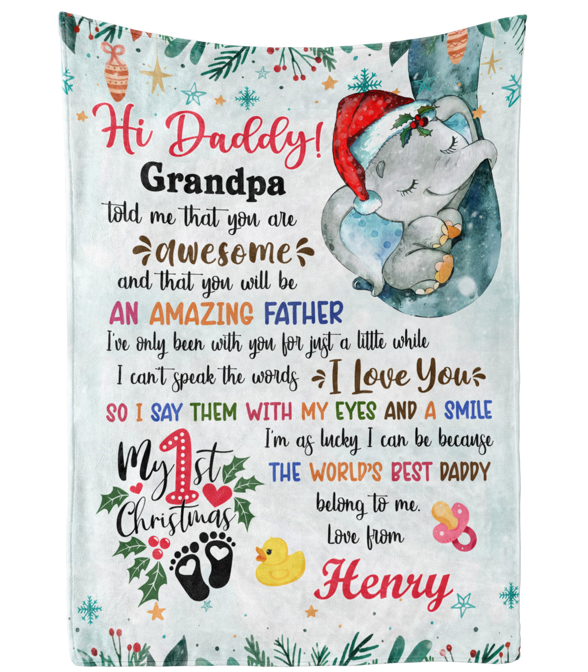Personalized Animal Blanket For Future New Dad From Baby Bump Merry 1St Christmas Blue Sleeping Elephant Custom Name Unique Gifts For Christmas Fleece Sherpa Blanket For 1St Christmas