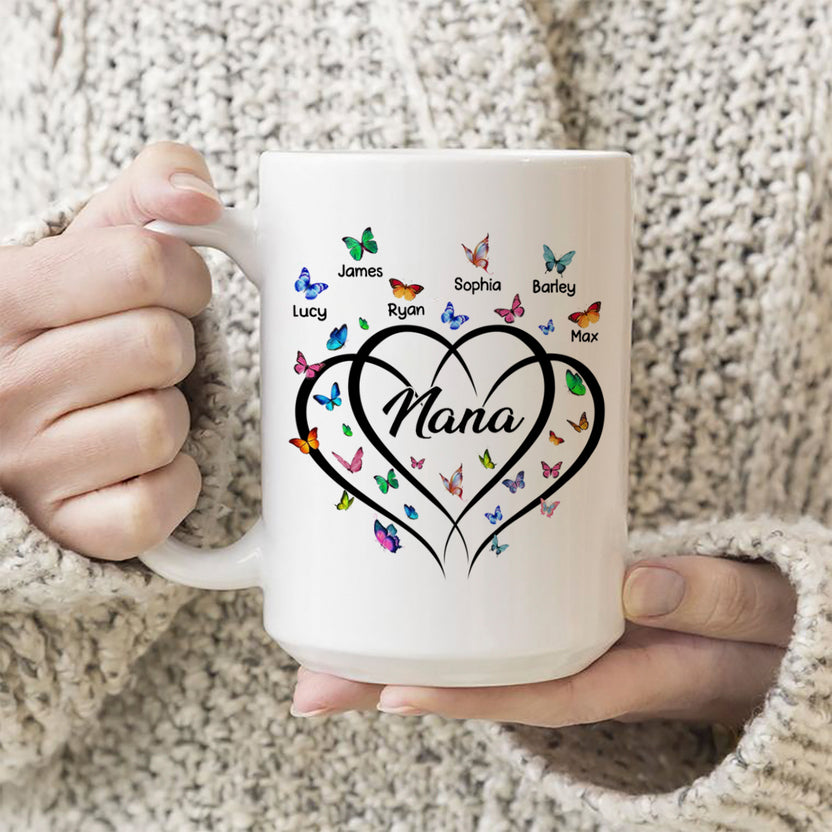 Personalized Coffee Mug For Grandma From Granddaughter Grandma Mom Heart Butterflies Custom Name Novelty Ceramic Cup 11 15Oz Gifts For Grandparents On Birthday Mothers Day Valentines Day