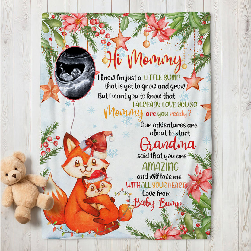 Fox Pregnancy Announcement Blanket From Baby Bump Hi Mommy, Ultrasound Reveal Gifts New Mom And Father, Soft Blanket For Expecting Mother, Cute Christmas Keepsake Gifts For New Parents