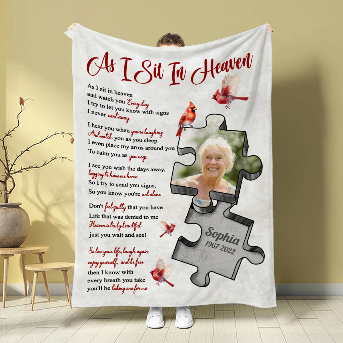 Sympathy Gifts, Memorial Blanket With Photo, In Memory Blanket, Remembrance Words From Heaven, Portrait Image With Symbolic Shape, Watching Over From Heaven Message, Loss Of Mom Dad