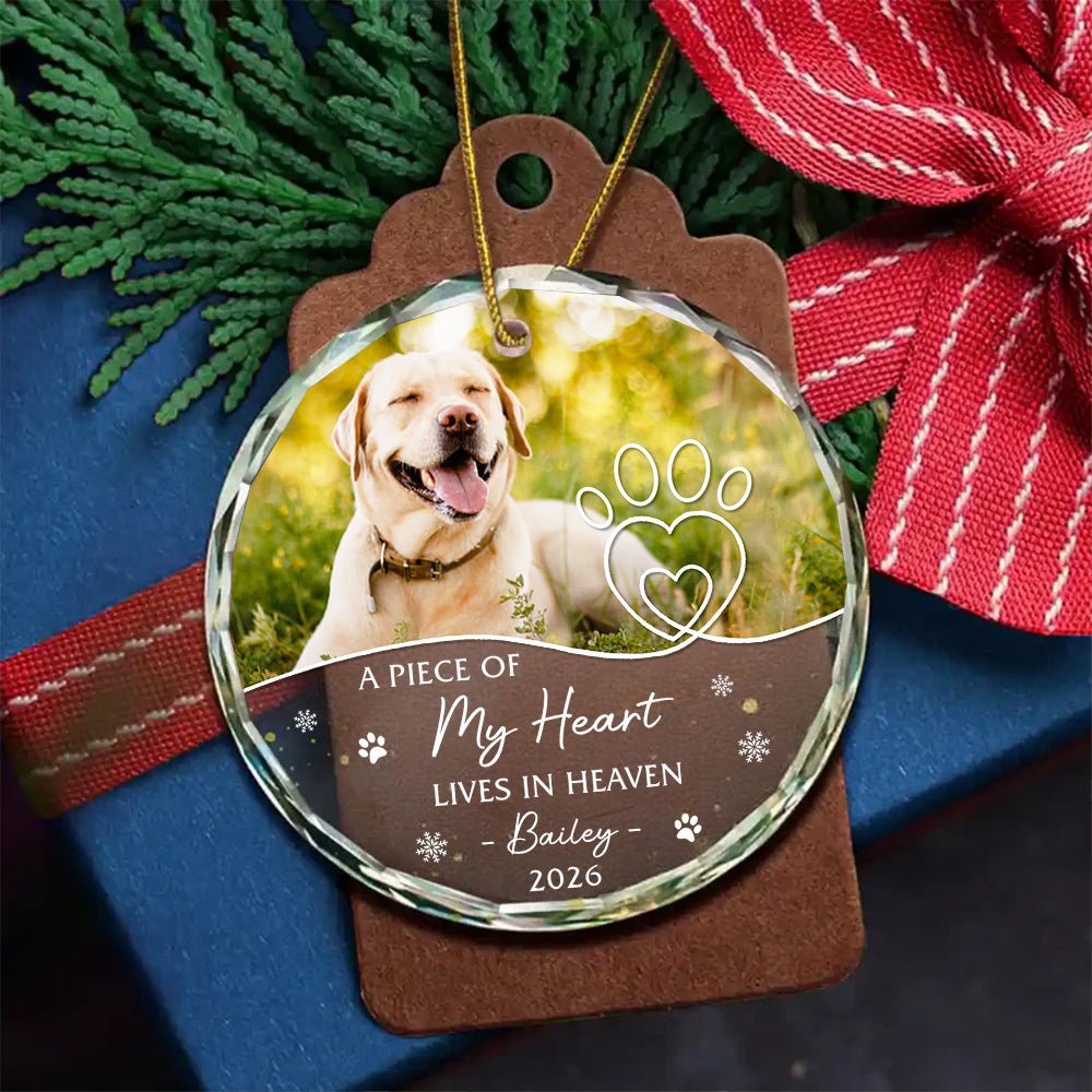 A Piece Of Heart Lives In Heaven Snowflake Pawdog. My Heart Lives In Heaven Glass Ornament, Xmas Tree, Pet Memorial Keepsake, Pet Memorial Ornament With Photo, Gifts For Loss Of Dog