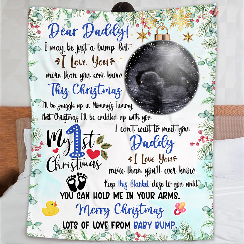You Can Hold Me In Your Arms Baby Ultrasound With Ball Hanging Tree, Expecting Father First Christmas Blanket, To My Daddy Holiday, Holiday Father, Personalized Blanket With Photo
