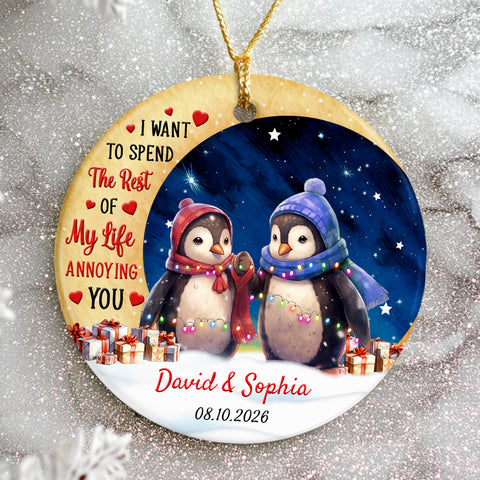 I Want To Spend Rest Of My Life Annoying You Penguin Couple Crescents Moon, Penguin Couple Keepsake Holiday Decor, Couples Christmas Ornament, Personalized Christmas Ornament