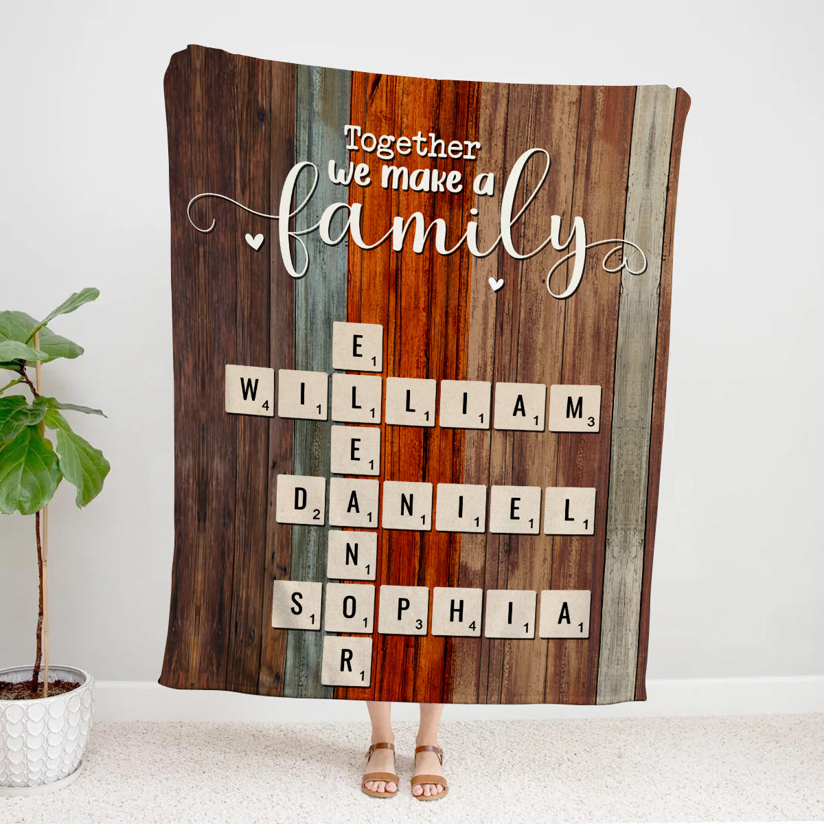 Together We Make A Family Theme,Cozy Family Blanket With Personalized Names, Rustic Finish, Crossword Inspired Name Arrangement, Personalized Blanket, Gifts For Mom Dad From Kids