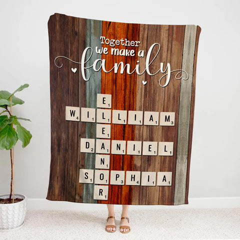 Together We Make A Family Theme,Cozy Family Blanket With Personalized Names, Rustic Finish, Crossword Inspired Name Arrangement, Personalized Blanket, Gifts For Mom Dad From Kids