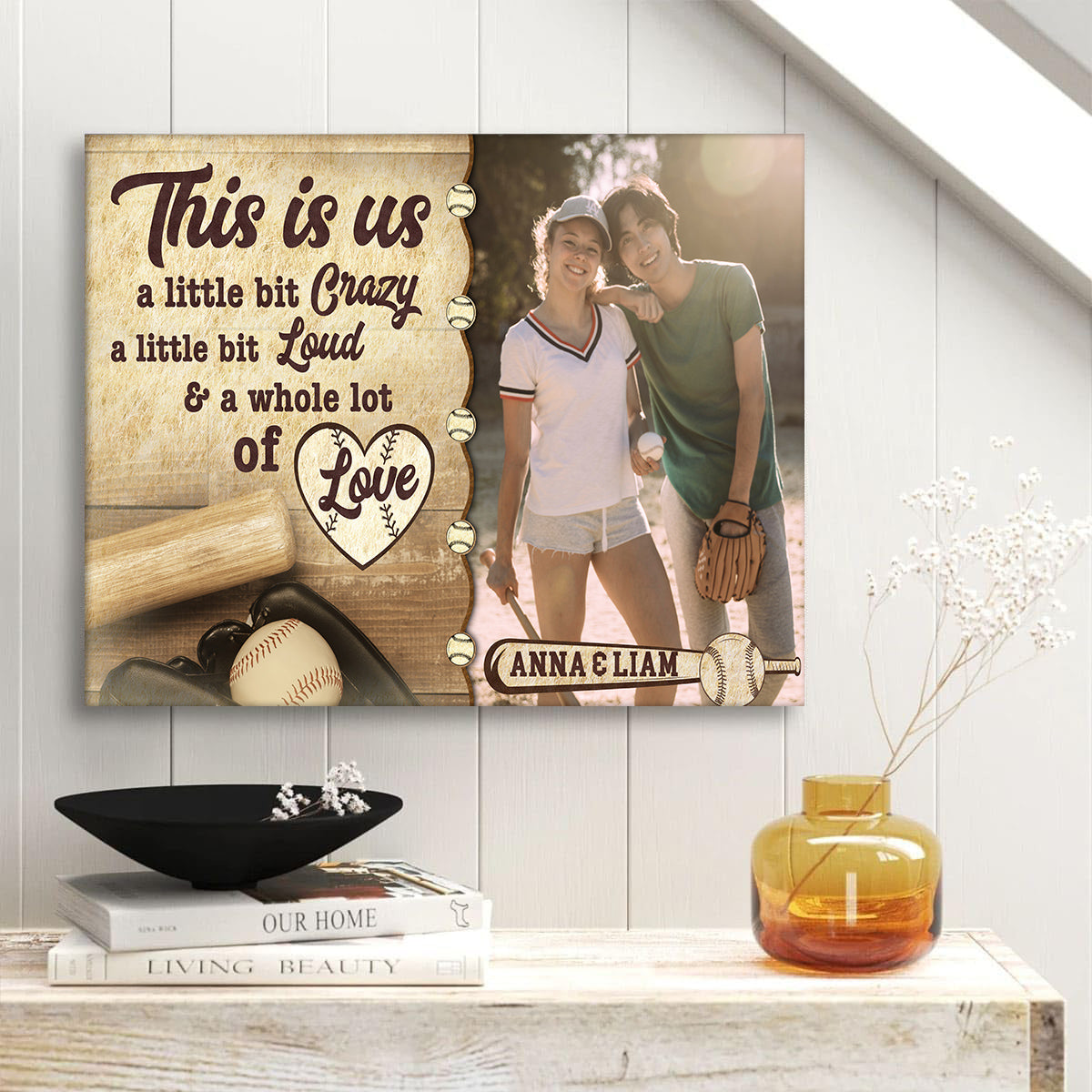 Personalized Name Sports Canvas, A Whole Lot Of Love Phrase Artwork, Baseball Bat And Glove Theme Couple Wall Decor Canvas Wall Art, Gifts For Him Her Poster Print Gifts For Valentine