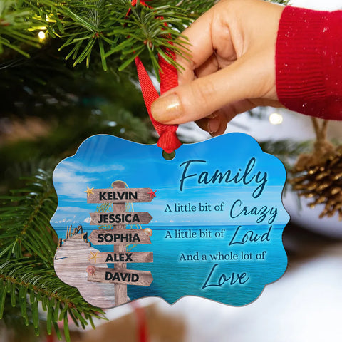 Family Little Bit Crazy, Little Bit Of Loud And Whole Lot Of Love Wooden Street Sign With Names Ocean Dock Christmas Ornament