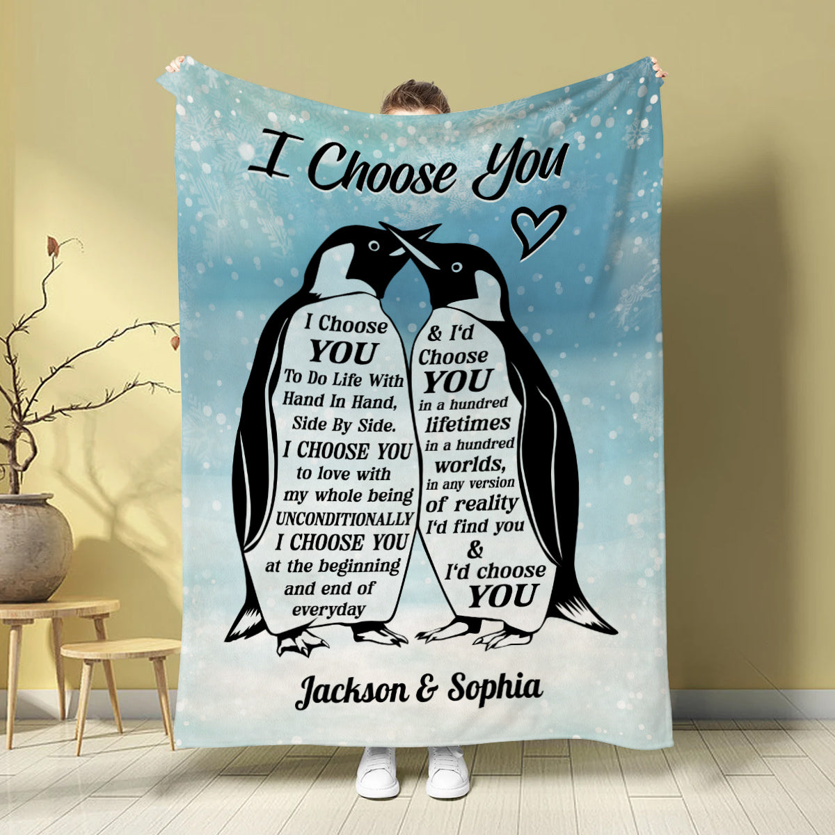 Mr And Mrs Gifts, Penguin Couple Silhouette Vintage I'd Find You & I'd Choose You, Personalized Blanket, Gifts For Him Her Honey, Custom Fleece Sherpa Blanket For Valentine Anniversary