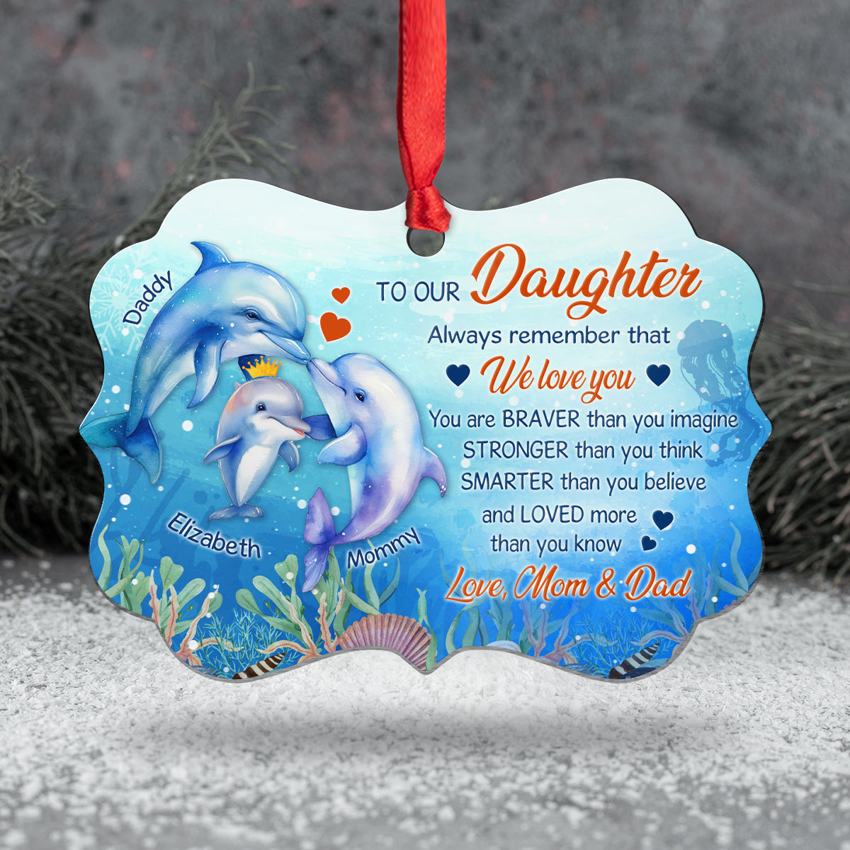 Daughter Gifts, Ocean Fish Family You Are Braver Than You Imagine Medallion Aluminum Ornament For Girls Babies From Mom Dad Parents, Xmas Tree Decor, Gifts For Birthday Holiday Winter
