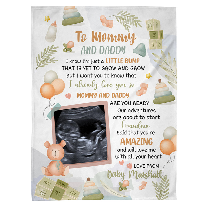 Cute Baby Bear Hi Mommy And Daddy Blanket Custom Ultrasound Picture For Mom To Be New Dad From Baby Bump  Gifts For New Mommy, Fleece Sherpa Blanket Expecting Mothers