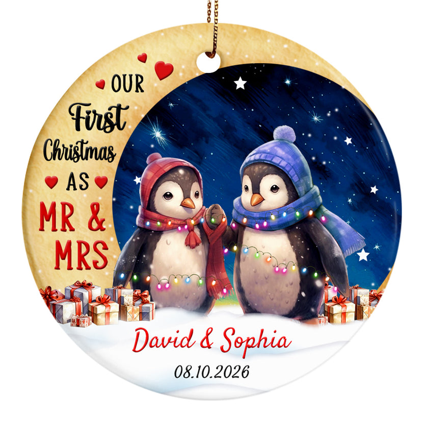Newlywed Ornament, Our First Christmas As Mr & Mrs Cute Penguin Couple Crescents Moon, Penguin Couple Holiday Keepsake, Custom Newlywed Tree Decoration Ornament, Gifts For Bride Groom