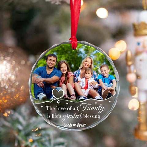 The Love Of A Family Is Life’S Blessing Ornament Personalized Glass Ornament Custom Photo Family Gifts Christmas Keepsake, Personalized Photo Christmas Idea Gifts For Mom Dad Parents