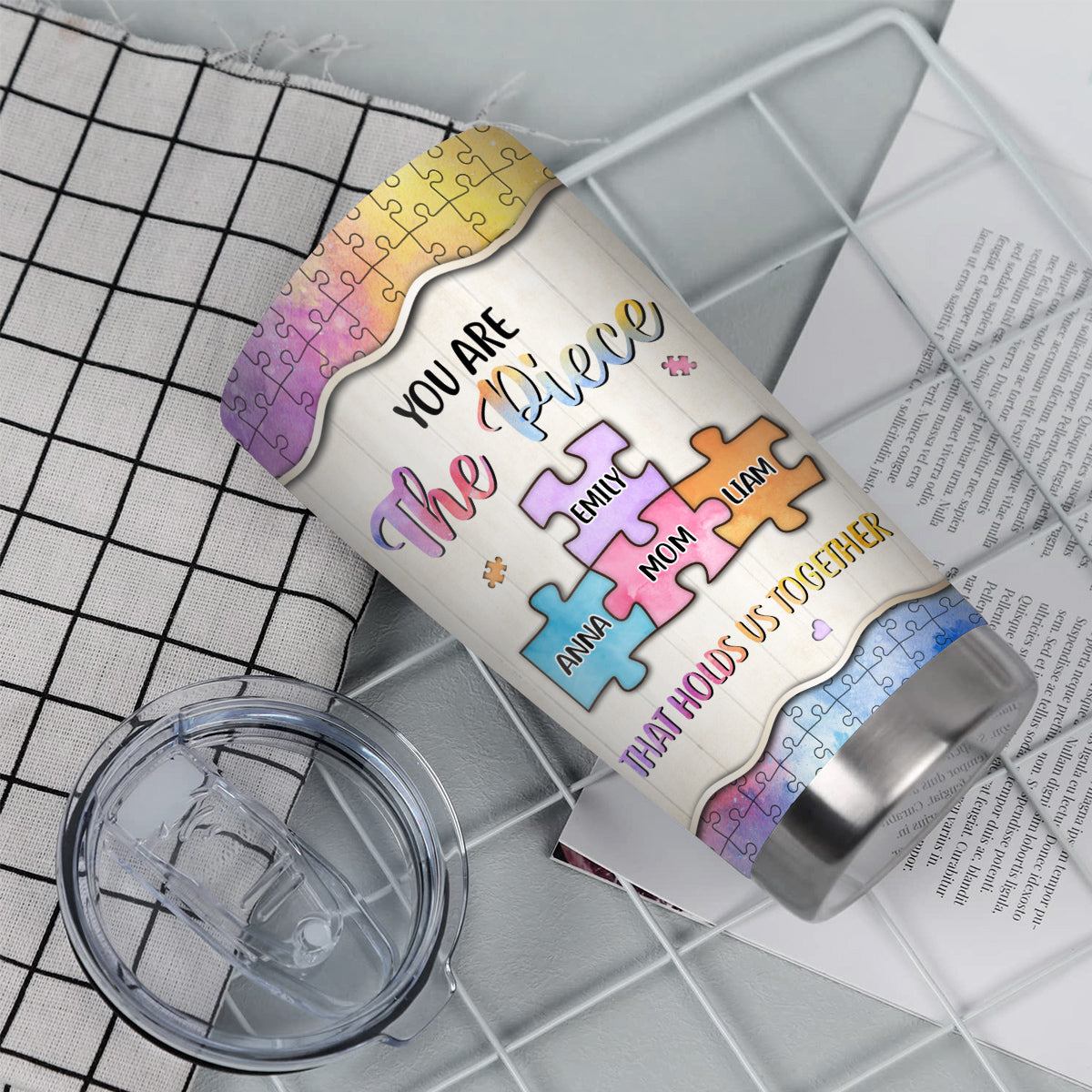 You Are The Pieces That Holds Us Together Watercolor Piece , Personalized Tumbler, Gifts For Mom Mother From Daughter Son, 20oz With Lid Travel Cup, Gifts For Birthday Mothers Day