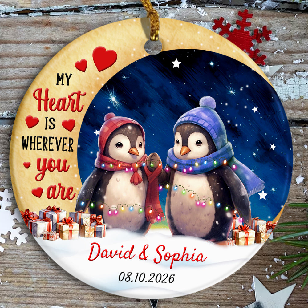 My Heart Is Wherever Cute Penguin Couple Crescents Moon, Romantic Penguin Couple Ornament Keepsake, Holiday Tree Decoration, Gifts For Him Honey Married Couples Him Her Wife Husband