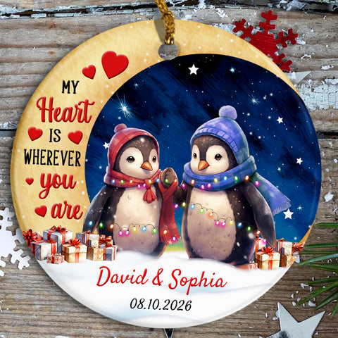 My Heart Is Wherever Cute Penguin Couple Crescents Moon, Romantic Penguin Couple Ornament Keepsake, Holiday Tree Decoration, Gifts For Him Honey Married Couples Him Her Wife Husband