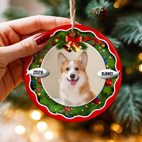 Dog Xmas Frame Custom Photo Dog Cute With Name & Year, Pet Milestone Keepsake, Custom Photo Holiday Tree Hanging Christmas Ornament, Tree Decor, Personalized Christmas Ornament
