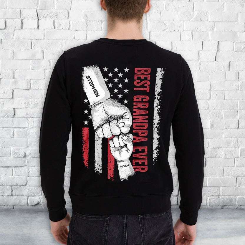 Personalized T-Shirt For Poppy From Grandchild Grandpa Ever Fist Bump Flag Back Side Printed Custom Name Grandpa Gifts Short Sleeve Tops Tee Shirt For Men Family On Birthday