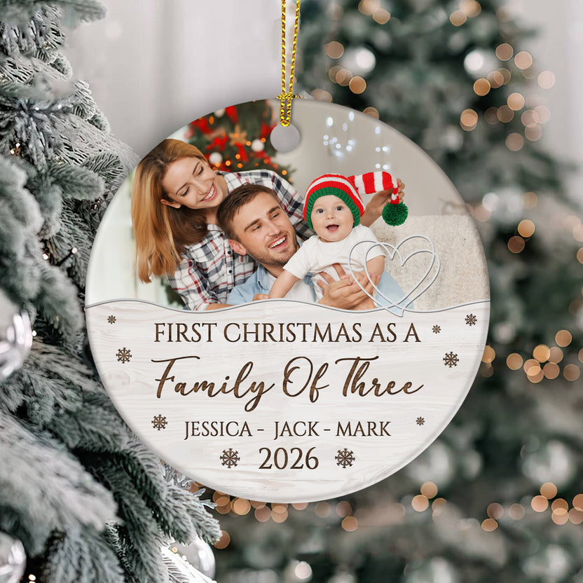Family Gifts, First Christmas As A Family Of Three Ornament, Personalized Name Custom Holiday Keepsake, Tree Decoration, Custom Holiday Tree Hanging Ornament For New Baby Siblings