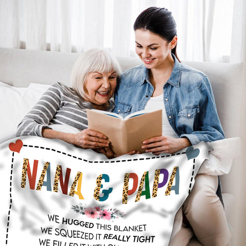 Grandma Gifts, Nana And Papa Blanket, Hugged And Squeezed Poem Message, Floral Border Artwork, Personalized Name, Personalized Blanket, Gifts For Nana From Grandkids, For Mother's Day